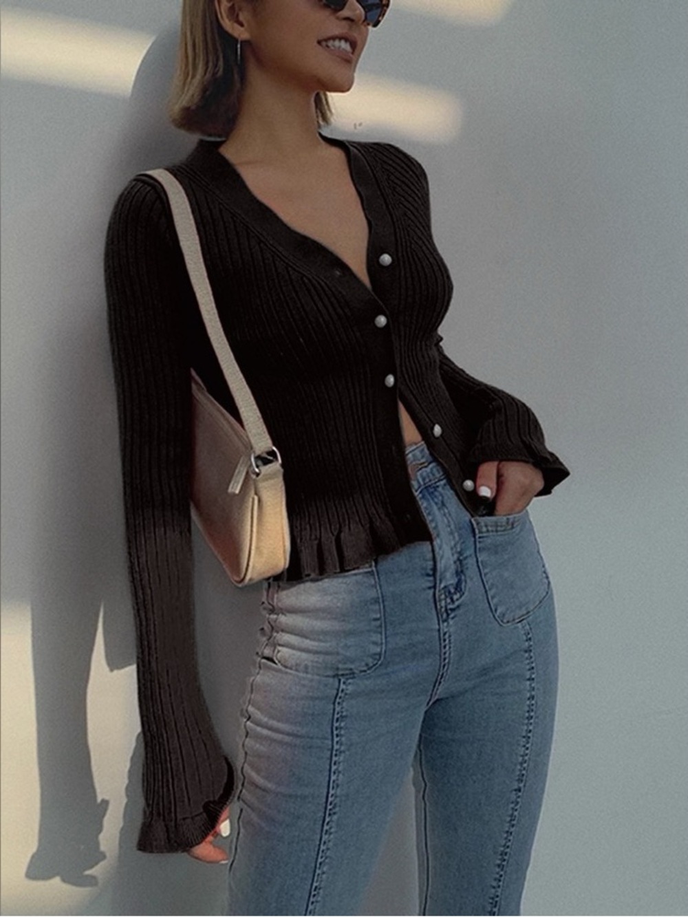Commense Clothing Black Ribbed Ruffle Trim Button Front V-Neck Cardigan